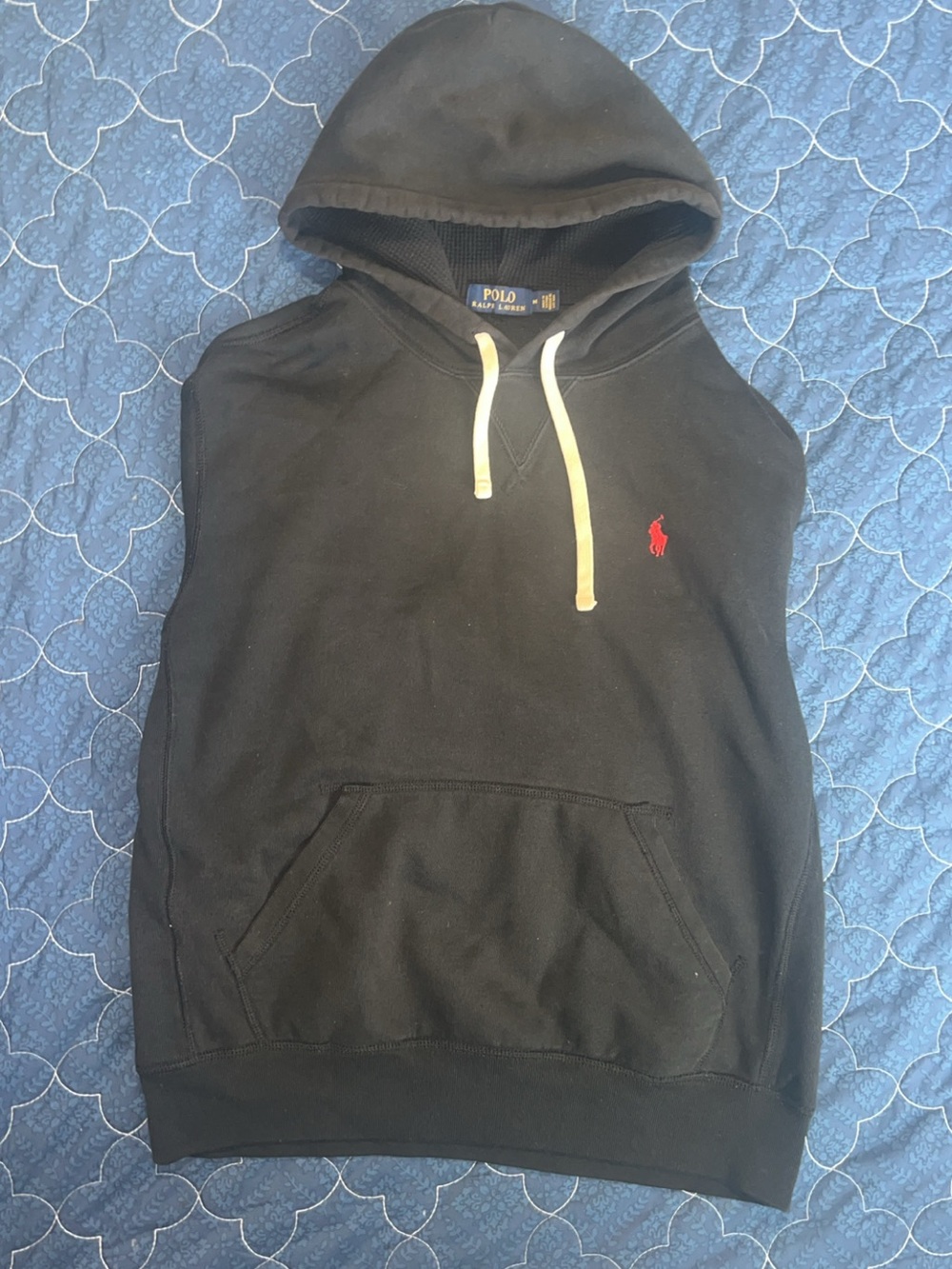 Polo by Ralph Lauren Black Hooded Sweatshirt with Red Pony and Ivory Drawstrings